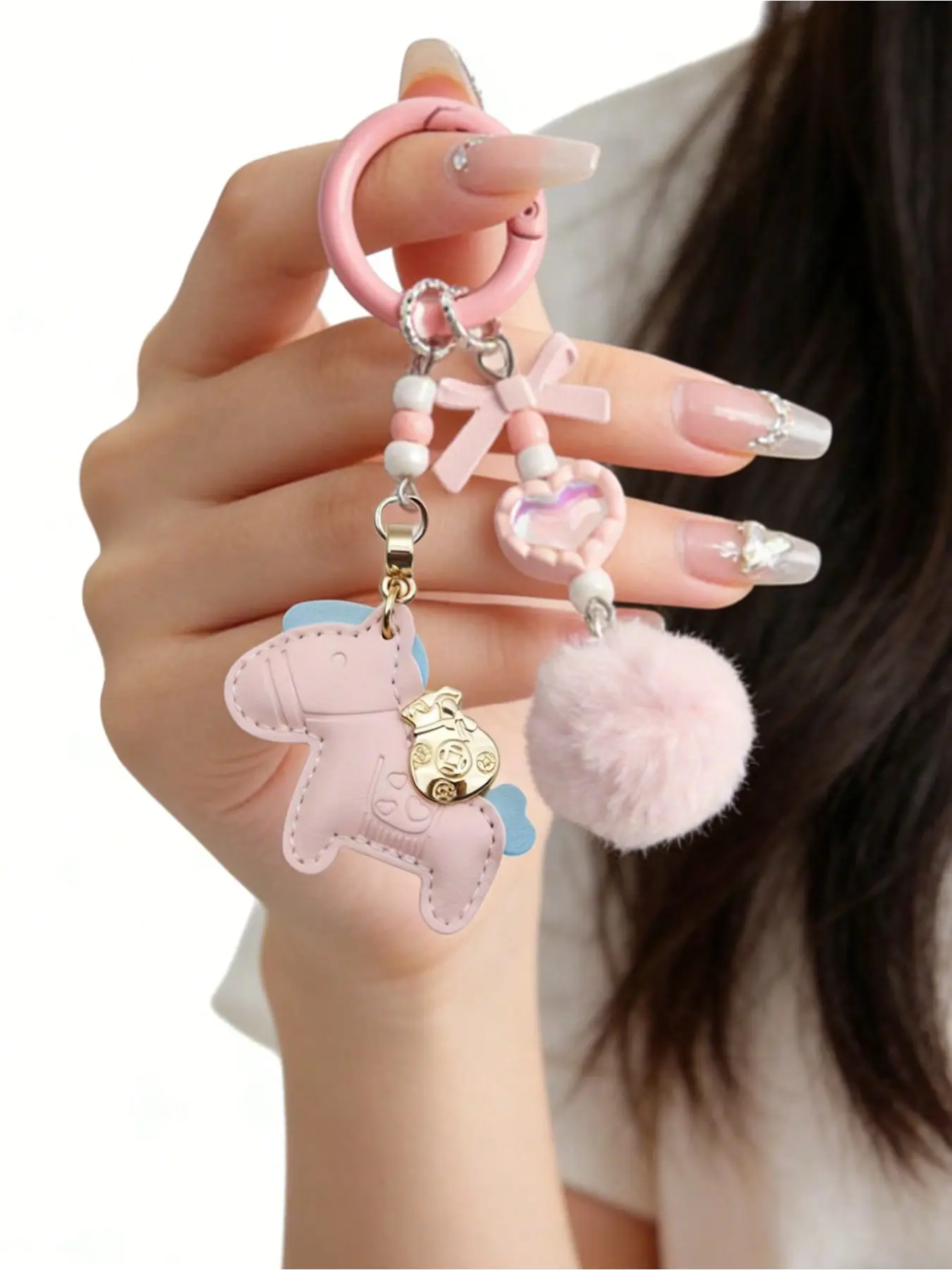 Fashion horse-shaped leather keychain with plush ball and bead decorations, exquisite cartoon animal keychain, soft plush keychain and keyring, keychain accessory for RV keys, handbag pendant