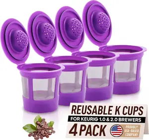 Reusable K Cups for Keurig Coffee Maker - Filter Pods for Keurig 1.0 and 2.0 Brewers - Refillable K Cup Fits K-Elite, K-Classic - BPA Free Universal Reusable Single Serve - 4 Pack