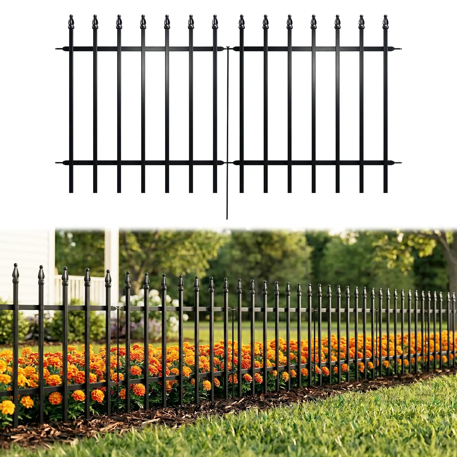 Black Garden Accessories Metal Garden Lattice Fence — 24" Wide x 24" High (Set of 5 Panels, 10 ft Total Length) — Garden Decor Decorative, Garden Decor Foldable Border Fencing for Flower Beds, Garden Raised Bed Landscaping, and Animal Protection