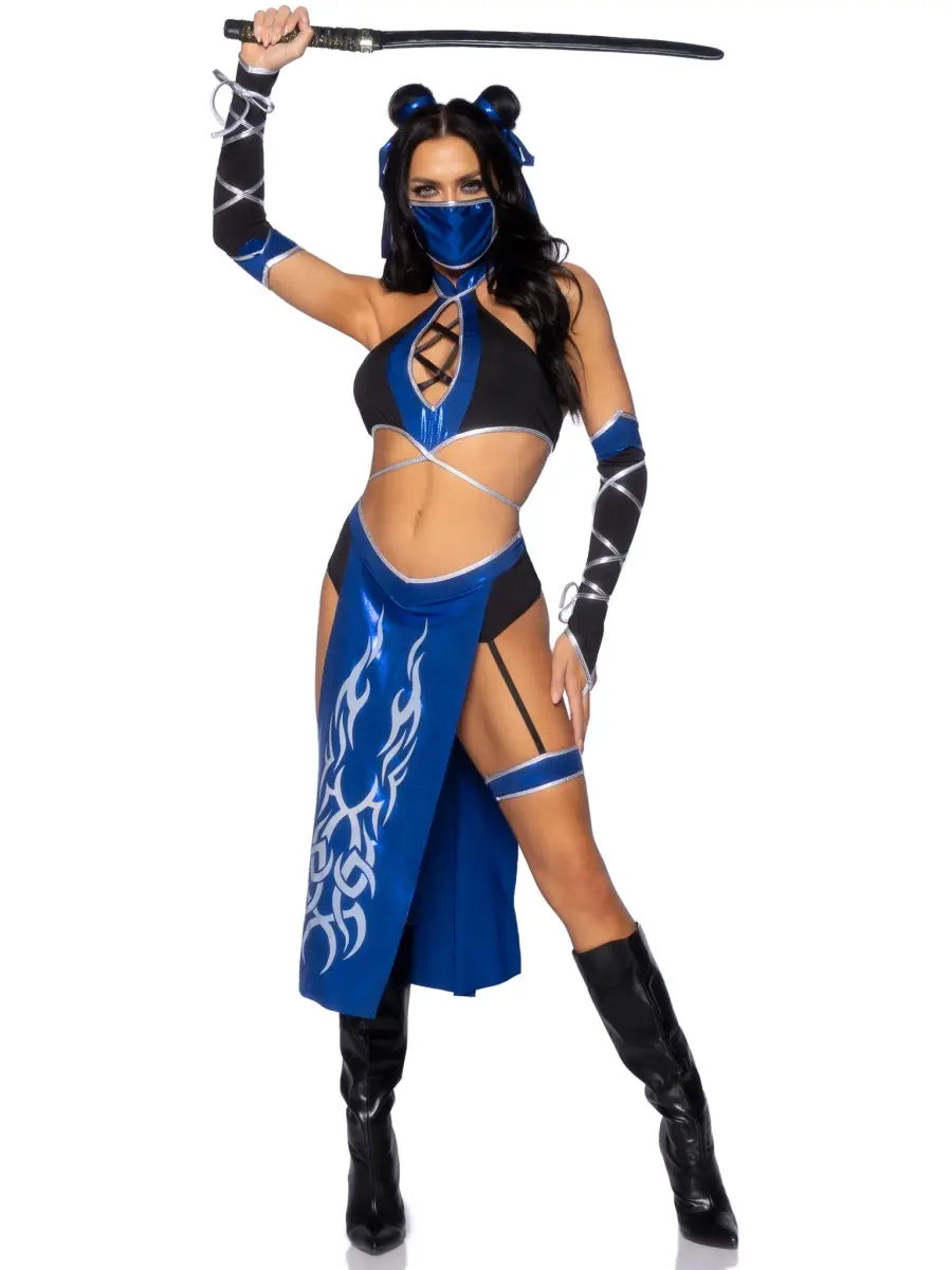Leg Avenue Women's 5-Piece Sexy Strappy Crop Top Cosplay Costume - Black & Blue, Halter Top, Cheeky Panty, Skirt, Mask, Gauntlet, Attached Leg Garter, Drip Dry Accessories, Halloween Party, Large, Dog & Cat Matching Style Companion Outfit for Conventions,