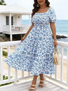 Plus Size Women's Ditsy Floral Casual Beach Dress, Elastic Waist Slimming Square Neck Bubble Sleeve, European Style Long Maxi Skirt for Summer