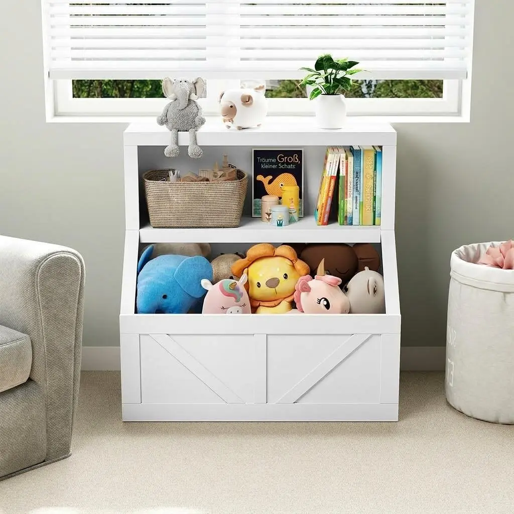 Gaomon Wooden Toddler Bookshelf & Toy Storage Organizer, 2-Open-Shelf Children’s Bookcase with Anti-Tip Kit, Rounded Corners, Safe Furniture for Playroom & Nursery, Grey Antique White
