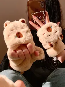Cute Capybara Flip-Top Half-Finger Plush Gloves for Women, Winter Thick Fleece Warm Hand Protection, Student Writing Gloves