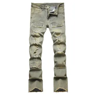 Men's Flap Detail Button Ripped Vintage Jeans, Regular Fit Casual Pockets Zipper Raw Hem Denim Pants, Fashion Men's Bottoms for All Seasons, Back To School Outfits, Men's Casual Wear, Jeans for Men, Jeans for Men, Pants for Men Menswear Beige