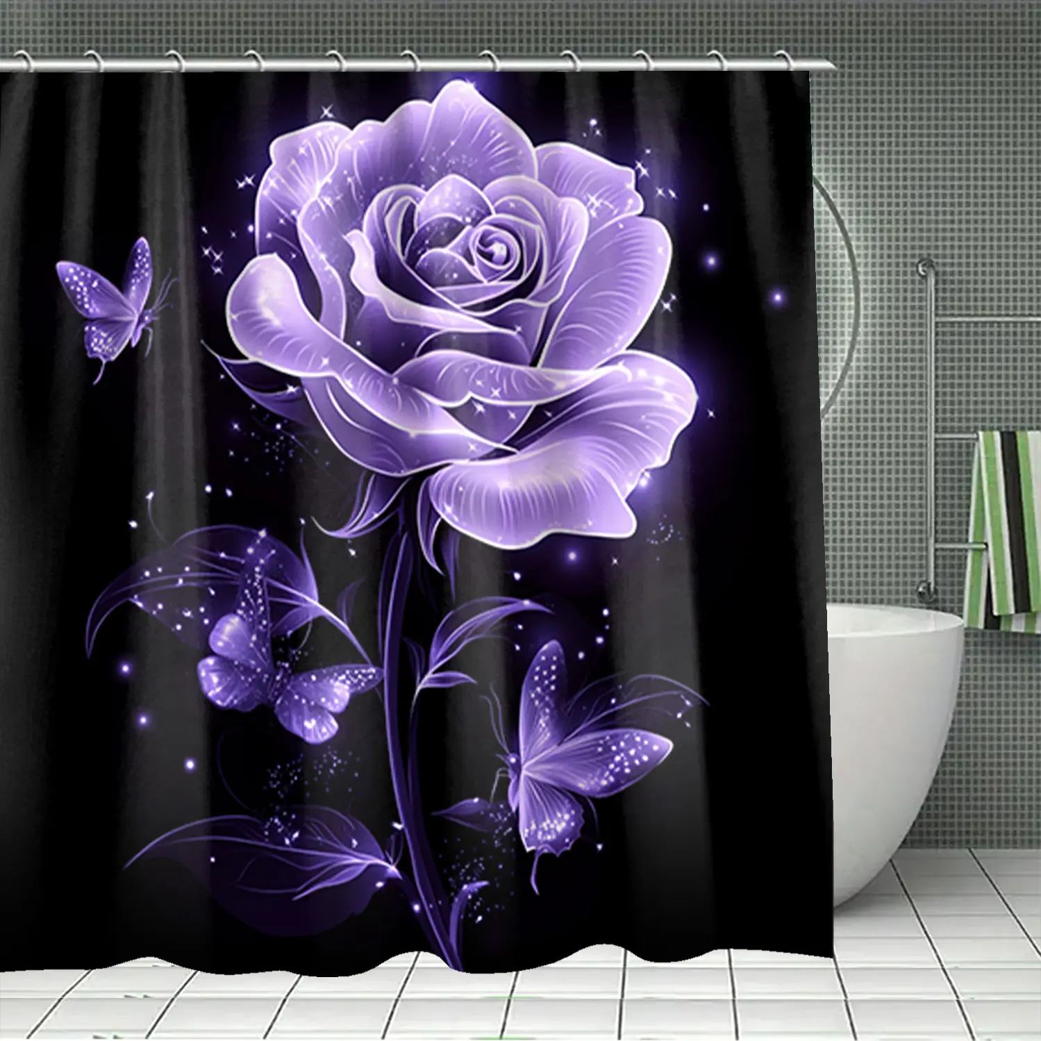 1/4 piece purple rose design bathroom set, Aesthetic Bathroom Decor, including soft floor mat, toilet seat cushion, shower curtain, the floor mat has rebound, water absorption, anti slip Bathroom Decoration Accessories