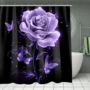 1/4 piece purple rose design bathroom set, Aesthetic Bathroom Decor, including soft floor mat, toilet seat cushion, shower curtain, the floor mat has rebound, water absorption, anti slip Bathroom Decoration Accessories