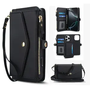 Suitable for iPhone 17 16e/16/15/14/13/12/11 Pro Max Plus women's crossbody shoulder bag multifunctional wallet case, supports magnetic wireless charging, with RFID shielded card clip, detachable magnetic phone case cross strap, wristband zipper phone wal