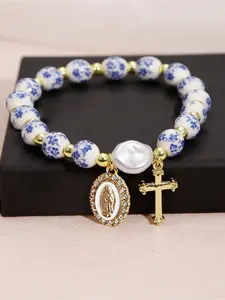1pc Elegant Imitation Ceramic Resin Bracelet, Made of Imitation Baroque Pearls, Equipped with A Rhinestone Virgin Mary Pendant, Is A Great Gift/Christian Jewelry/religious Gift, Charm Bracelet, Pearl Beaded Bracelet, Bead Bracelets