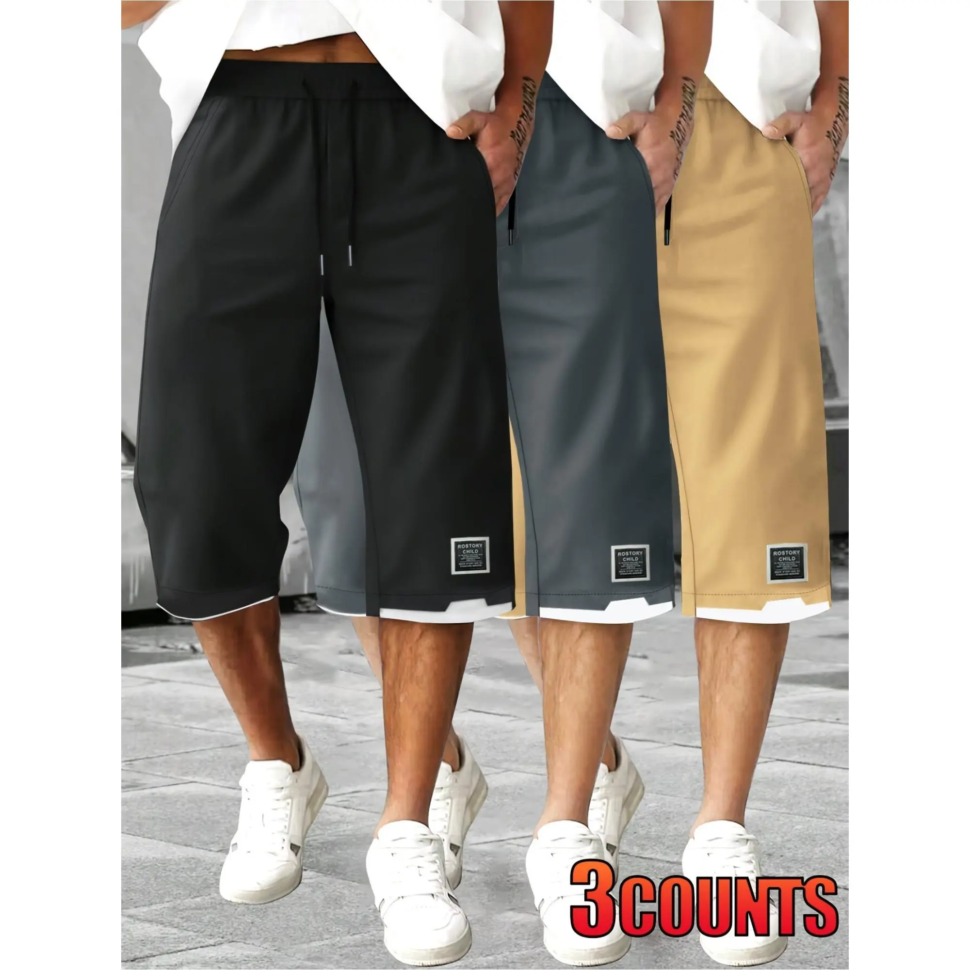 TNZI Men's 3-Pack Casual Cargo Shorts, Lightweight Polyester Streetwear with Multiple Pockets and Drawstring for Summer Outdoor Wear, Cargo Men's Shorts, Baggy Cargo Style Men's Shorts