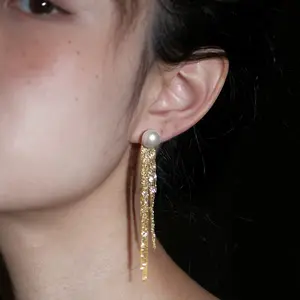 Tewiky Dainty Tassel Threader Earrings for Women,  Gold Long Dangle Drop Chain with CZ/ Pearl, Elegant Hypoallergenic Jewelry for Wedding, Trendy Bridesmaid Gift or Everyday Wear