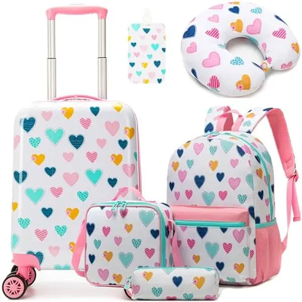 The Ultimate Vacation Gift for Girls! Sweet Colorful Hearts 5PCS Luggage Set | Hardshell Carry-On Suitcase & Matching School Backpack | Perfect for Kids Travel & Summer Camp smooth zipper