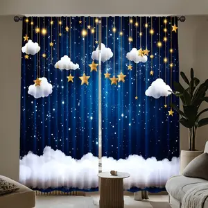 2-Piece Fashion Galaxy Star Blanket Pattern Durable Curtain Set, Window Curtain, 100% Polyester, for Kids Room, Bedroom, Living Room Decor, Home Decoration Curtain