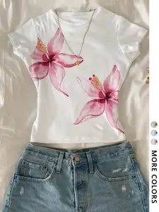Women's Lily Flower Print Round Neck Fitted Tee, Casual Short Sleeve Crew Neck Floral T-shirt for Daily Wear, Ladies Clothes for All Seasons, Top