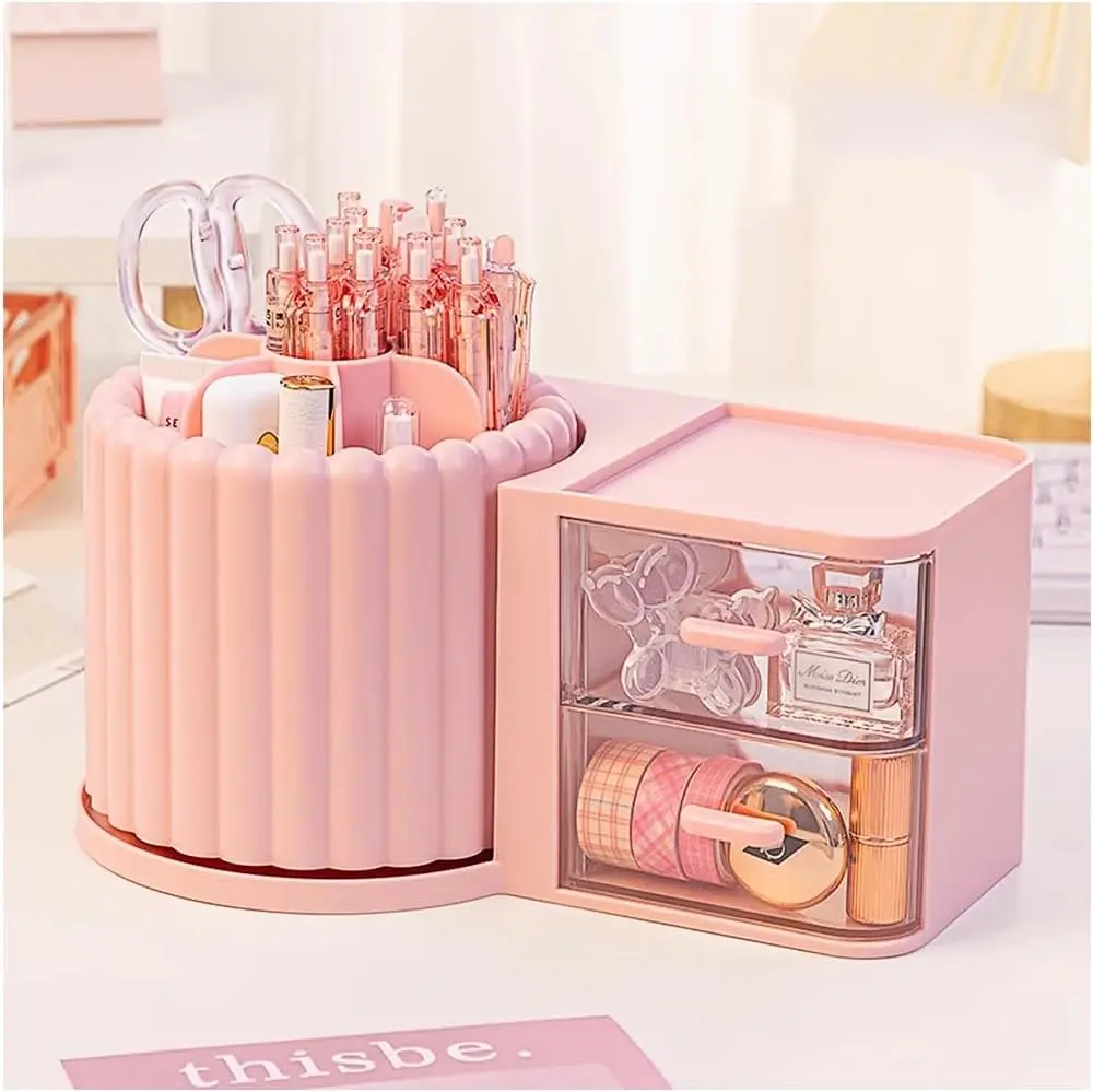 360 Rotating Makeup Organizer Countertop with 2 Drawers, Makeup Brush Holder, Small Preppy Organizer, 9.25x5.11 Inch, Pink