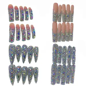 Nailrosy Handmade Press-On Nail Sets, 10Pcs Square-Extra Long Curved Obreme French Design with Bling Diamond Rhinestones, Cute Look, Reusability Feature, Sparkling Shine Effect, Gift Box Included