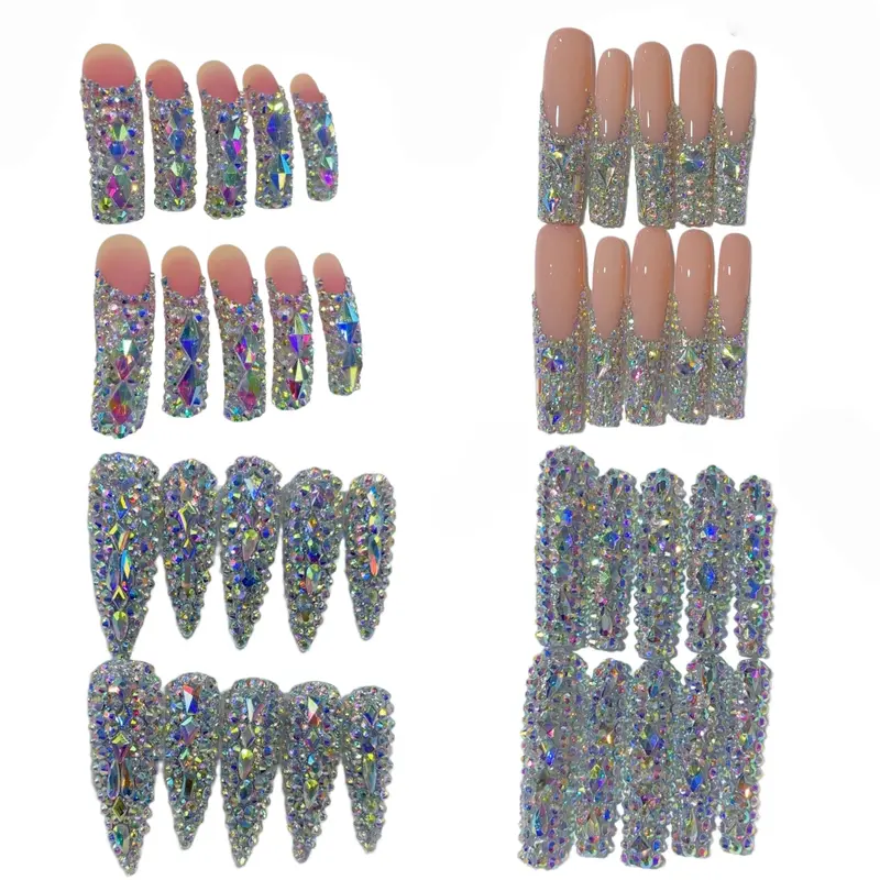 Nailrosy Handmade Press-On Nails Set - 10Pcs Square-Extra Long Curved French Tip Bling Diamond Rhinestone, Cost-Effective Reusable Manicure, Jelly Glue Included, Gift Box, Ideal for Mothers, Beauty Nail Art Accessory