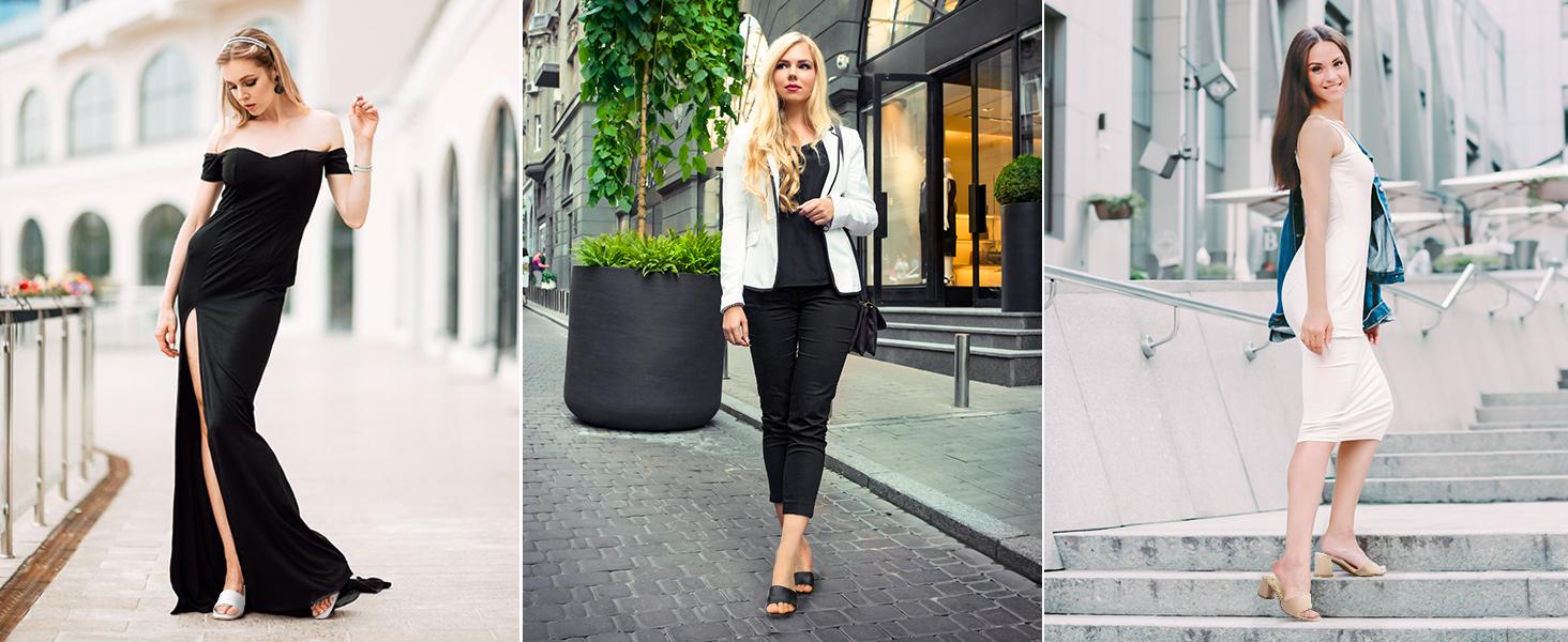 Women's Square Open Toe Heels Sandals Low Block Chunky Heeled Sandal Slip on Mules Comfortable Casual Dress Pumps Shoes