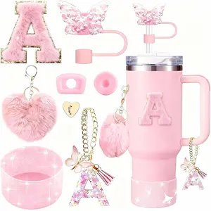 Stainless Steel Vacuum Insulated Glass Cup with Handle and Straw for Children's Gift Set,Sparkling Insulated Cup Accessories Set for 40oz, for Insulated Tumblers , Gift-Ready Box with Letter Charm, Diamond Straw Lid & Glitter Silicone Booties hand  painte