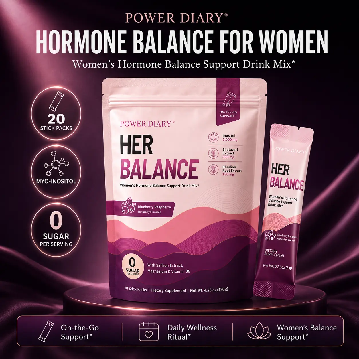 Power Diary Hormonal Support Drink Mix,20 Travel Packets,Shatavari,Myo-Inositol, Rhodiola Rosea,Saffron,Magnesium, Vitamin B6,Hormone Balance for Women, Inositol Powder