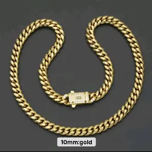 10mm Cuban Necklace Stainless Steel 14K Gold Plated Chain for Men Women       NOTE: AVOID LOTION AND WATER FOR CARE )