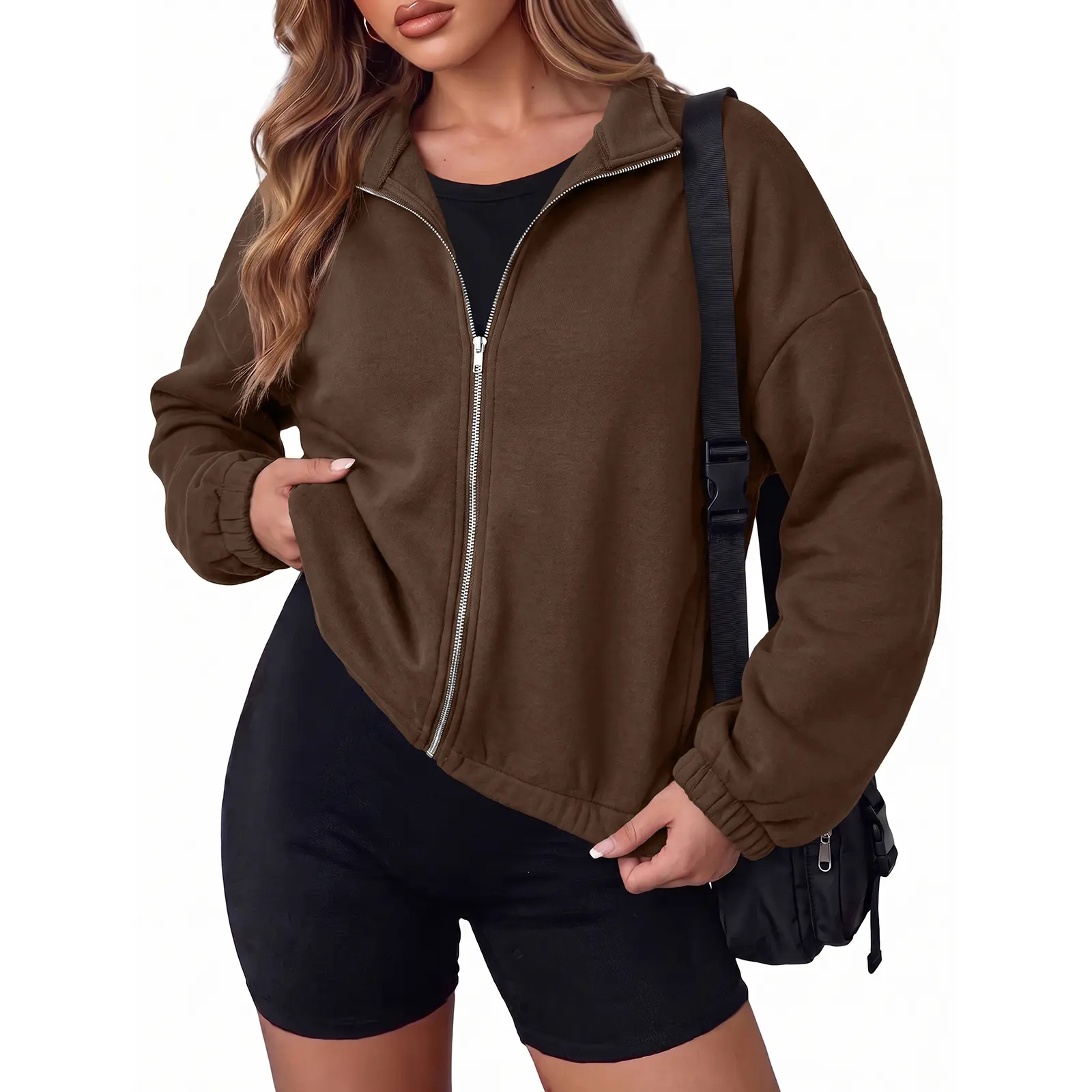 Aleumdr Women's Loose-Fit Casual Long-Sleeve Zip-Closure Mock Neck Short Cropped Fleece Pullover - Poly-Cotton Blend Sportswear, Athletic Sweatshirt, Machine-Washable Athleisure Layering Top