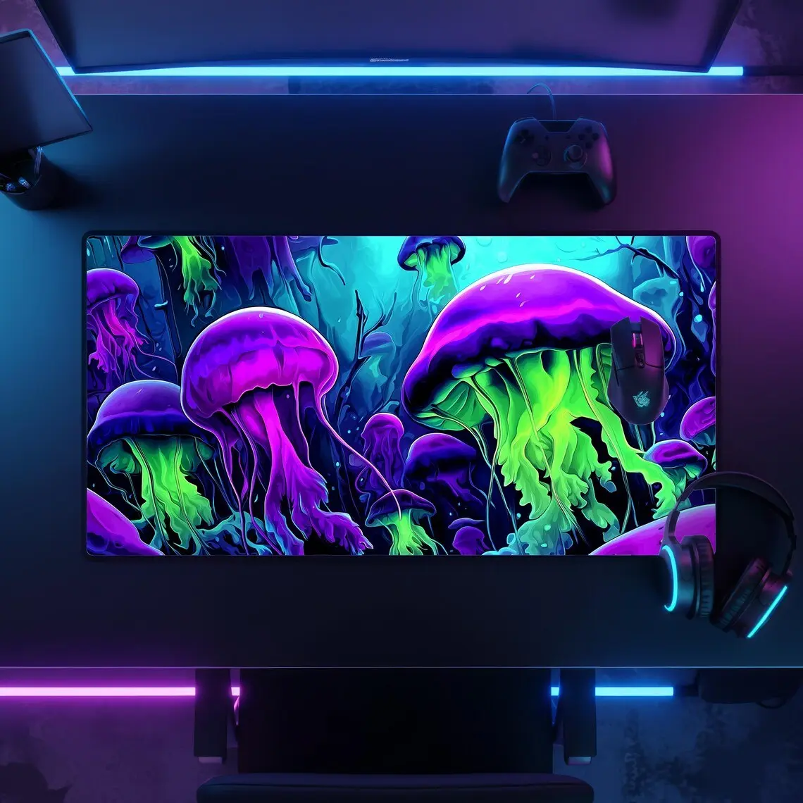 Neon Jellyfish Desk Mat, Psychedelic Deep Sea Art Gaming Mousepad for Computers & Office Equipment