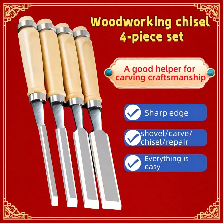 4-Piece Professional Wood Carving Chisel Set, Sharp Blades, Durable Handles, Ideal for Sculpting, Slotting, Repair, High-Quality Hand Tools