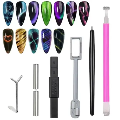 7-Piece Nail Polish & Gel Magnet Set, Nail Art Kit, Nail Design Kit, Complete Salon Kit for Cat Eye French Manicure, Professional Nail Tools for Home Use