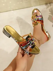 2026 Summer New Colorful Braided Design Sandals for Women, Gold Bottom Low Heel Anti-Slip, Casual PU Leather Shoes, Stylish Elegant Classy Sandals, Perfect for Vacation and Daily Wear