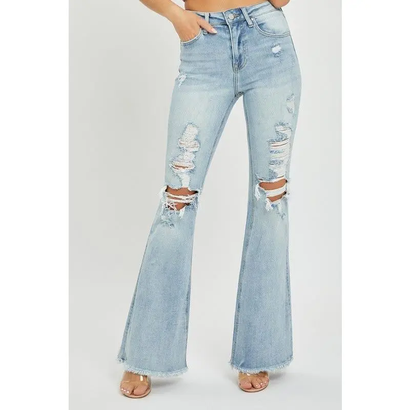 RISEN HIGH RISE DISTRESSED FLARE JEANS