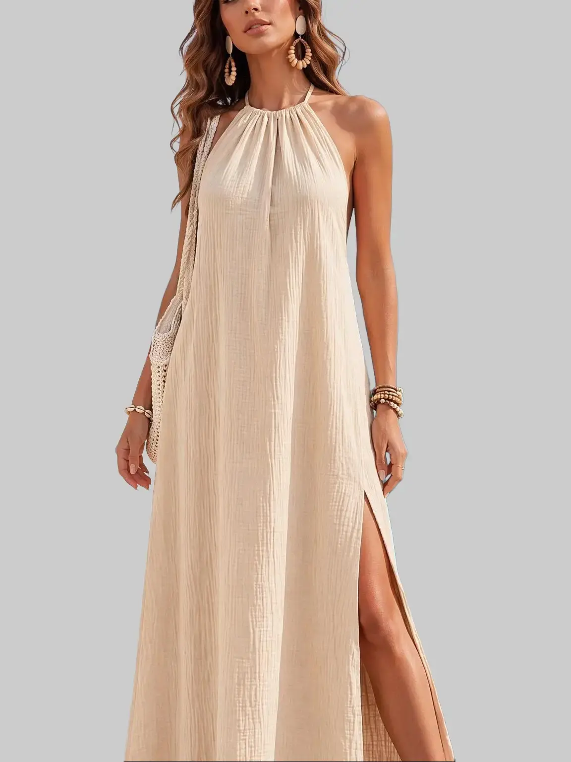 Women's Basic Sping Solid High Slit Hem Neck Backless Summer Halter Beach Long Dress Sexy Sleeveless