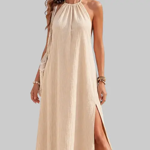 ZEAGOO Women's Basic Solid Halter Neck Backless Maxi Dress - Spring Summer Sleeveless, High Slit Hem, Beach-to-Evening Boho Chic Silhouette - for Beach, Party