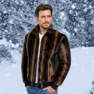 TJL Men's Stand Collar Faux Rabbit Fleece Lined Winter Jacket Warm Sherpa Thick Coat Snowproof Windbreaker Fashion Striped Design Casual Menswear Stylish Tops