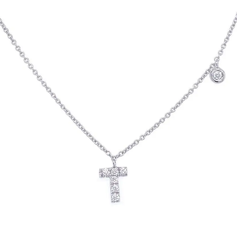 Initial Necklace Letter T with Diamond – 14k White Gold