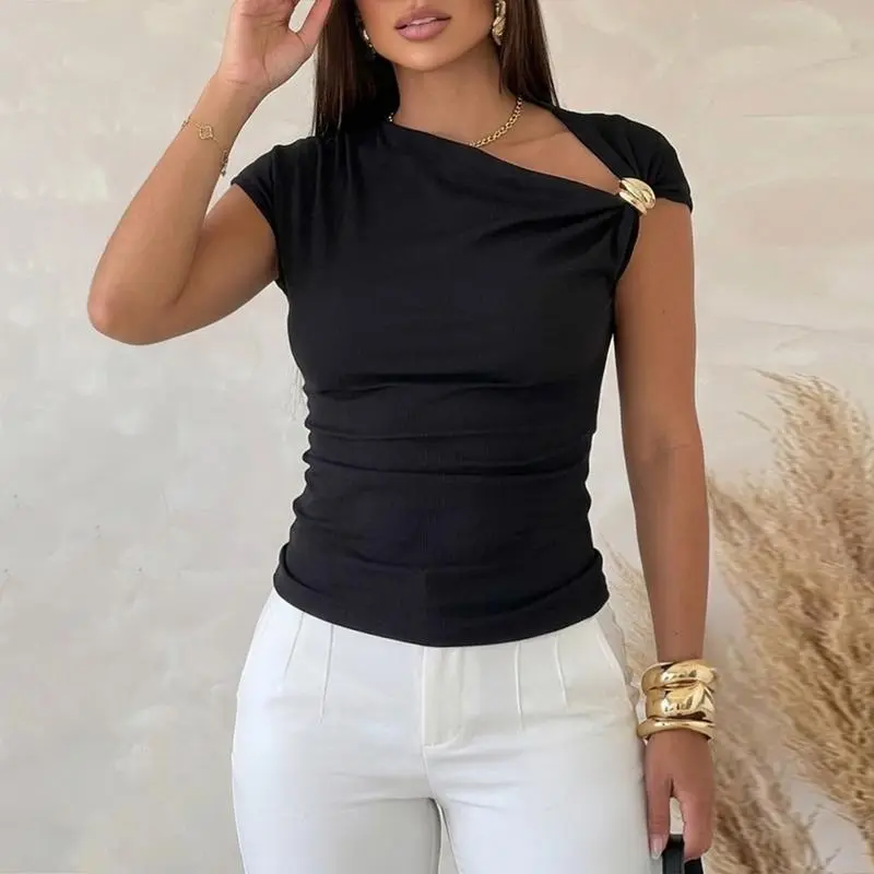 CHICME Women's Asymmetric Metal Buckle Ribbed Top - Elegant One Shoulder Sleeveless Slim Fit Tee, Quiet Luxury Office Siren Aesthetic Blouse