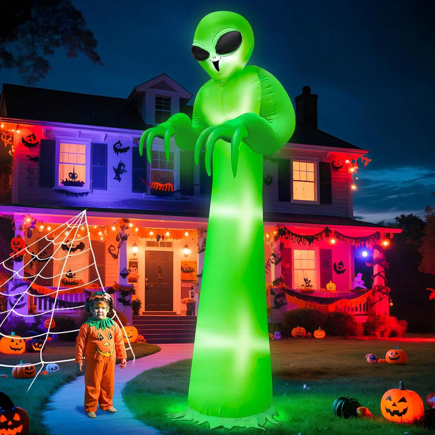 12ft Halloween Inflatable Alien Decoration - with Built-in LEDs, Giant Design - Cute Blow Up Ornament for Porch, Lawn