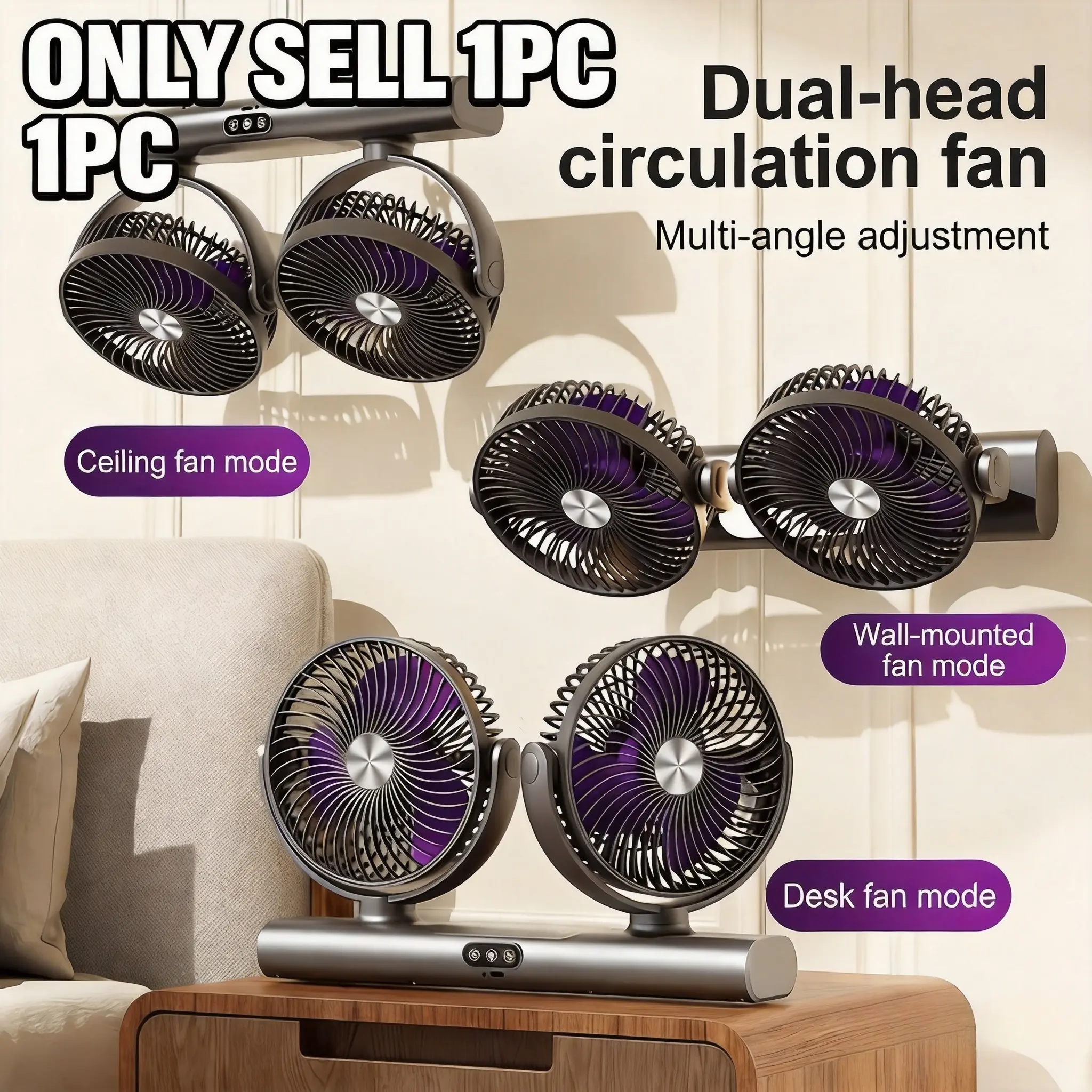 3-in-1 Dual-Head Circulation Fan, Ceiling/Wall/Desk Mountable Fan with 3-Speed Wind, Multi-Angle Adjustment, USB Rechargeable, Portable Cooling Fan for Home Office Camping