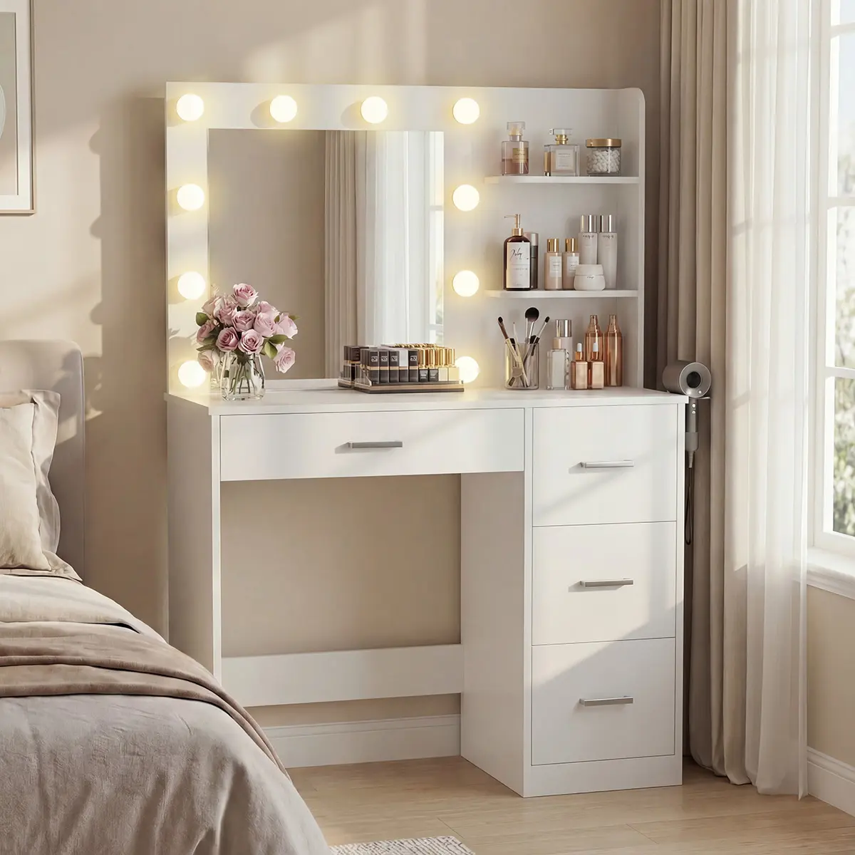 Furmax Modern Makeup Vanity Desk with LED Lights & Mirror, Affordable Vanity Table with 4 Drawers & 3 Open Shelves, White Makeup Desk for Bedroom, Dorm, Gift for Girlfriend, Daughter, Granddaughter, Sister