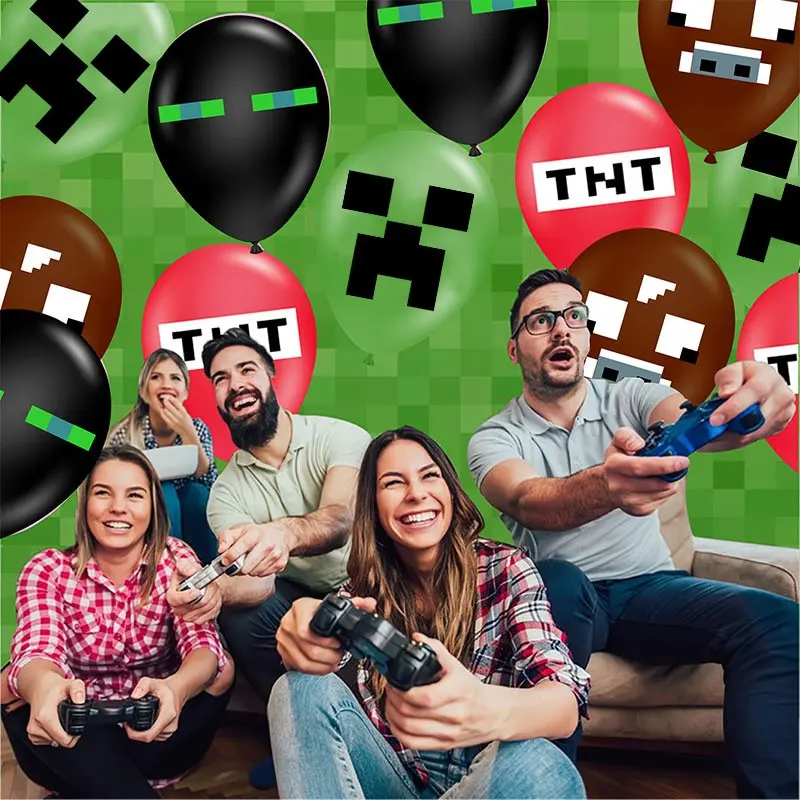12pcs Pixel Block Latex Balloons, Sandbox Game Inspired Home Party Decorations, Pixel Monster & Tnt Pattern, Kids Birthday Party Supplies
