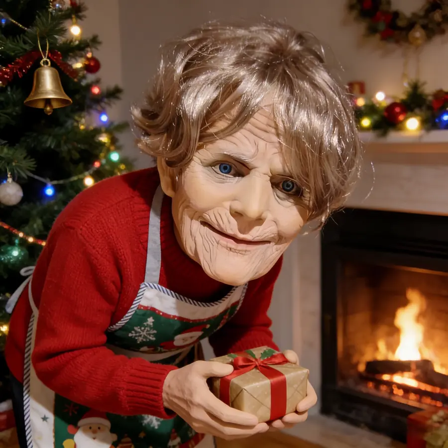 A warm and realistic latex mask depicts an elderly woman with warm beige skin, blue-gray eyes, and light golden fluffy short curly hair. Very suitable for birthday parties, family gatherings, or as professional Halloween costume props.