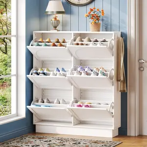 [Bellemave]Modern Elegant Narrow Tipping Bucket Shoe Cabinet with 6 Flip Drawers, Space Saving Design, Cream Style Entryway Organizer with Adjustable Shelf, Free-Standing Shoe Rack with 3 Silvery Hooks, White