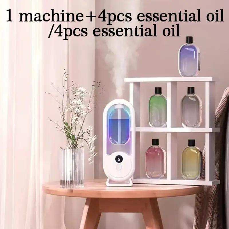 50ml Rechargeable Aromatherapy Machine, 1 Count Ultrasonic Timing Automatic Spraying Fragrance Air Purifier with Oil, Aromatherapy Machine for Home Office Dormitory Hotel, Aromatherapy Humidifier+4pcs 50ml essential oil/4pcs 50ml essential oil