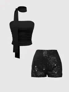 Party Dance Essential! Women's Sexy Tight Top Sequin Shorts Set, Perfect for Holiday Parties, Y2K Style, Leopard Pattern