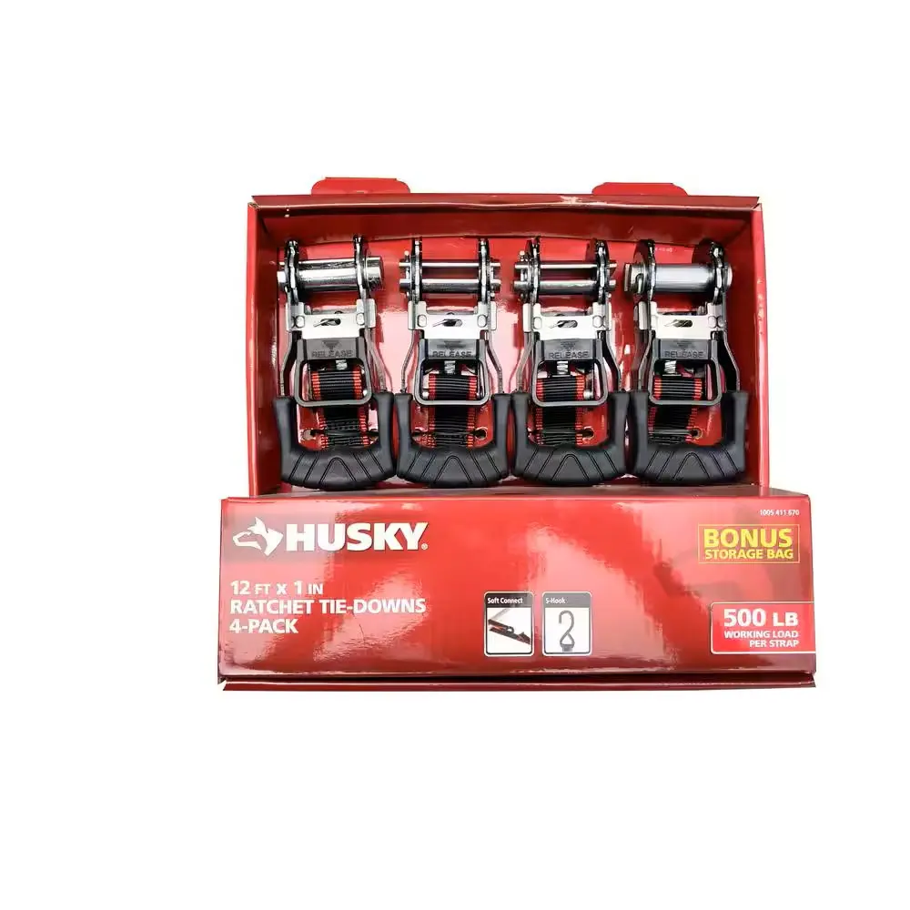 Ratchet Tie-Down Straps, 12 ft x 1 in with S-Hooks (4-Pack) for Tools & Hardware Ropes Chains Pulleys