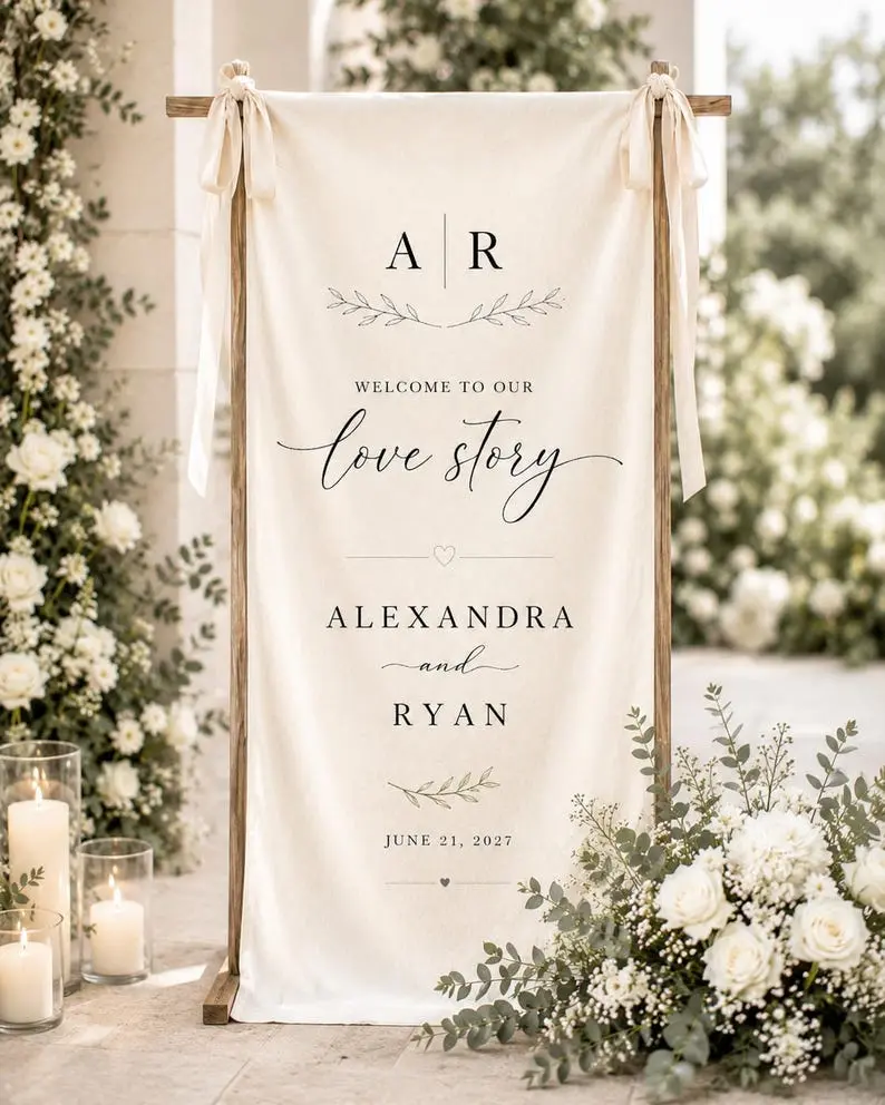 Personalized Wedding Welcome Banner, Custom Linen Love Story Sign, Fabric Wedding Ceremony Sign, Rustic Wedding Decor, Bridal Shower Gift