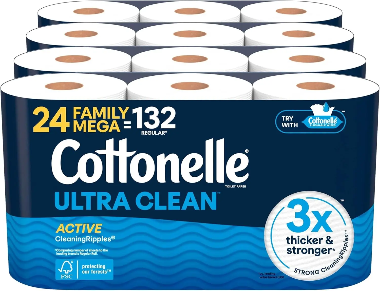 Cottonelle Ultra Clean Unscented 1-Ply Toilet Paper Tissue, Home Care Household Item with Active CleaningRipples Texture & Strong Wipes, 24 Family Mega Rolls (4 Packs of 6) = 132 Regular Rolls