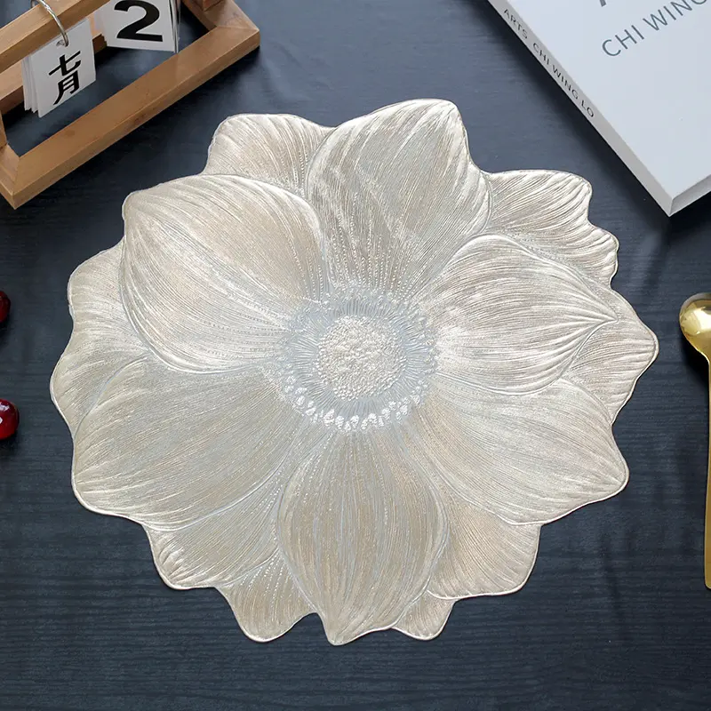 10-Pack PVC Plastic Lotus Flower Placemats & Coasters - Plastic Placemats Wipeable, Heat Resistant, Waterproof, Oil-Proof, Northern Europe Solid Pattern Home Decor Dinnerware for Dining Table, Tableware