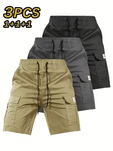 Men’s cargo shorts, 3-pack — outdoor casual hiking shorts with multiple pockets and a drawstring waist, suitable for everyday wear