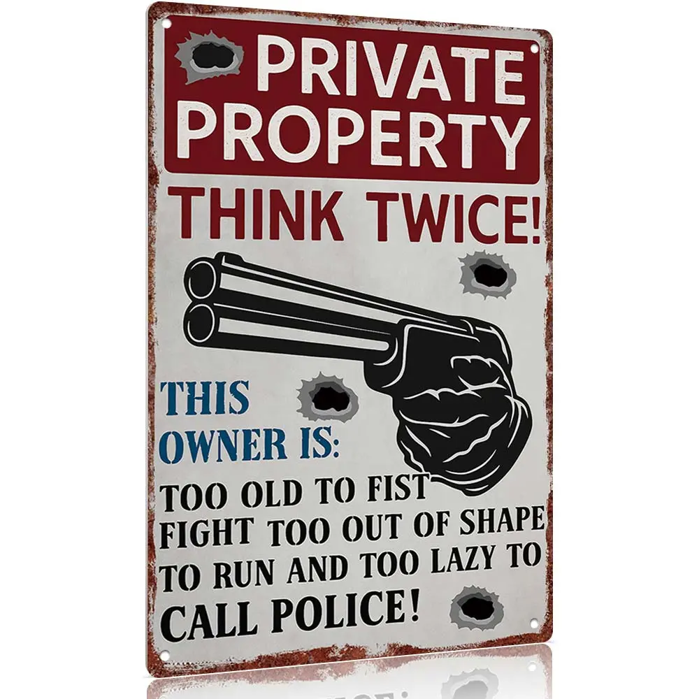 "Private Property - Think Twice!" Retro Aluminium Vintage Garage Sign (12x8in) - Universal Door Hanging Plaque, Western Decor, Room Decor, Collectibles, Home Wall Art Oddities Safety Protection, Door Hanging Sign, Humor Lovers