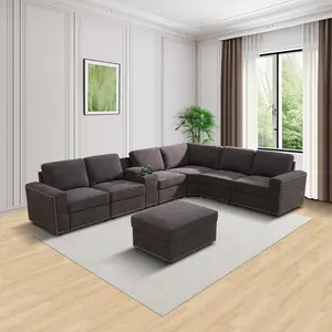 8-Piece Brown Flannel L-Shaped Sectional Sofa Set for Living Room, Soft Upholstered Couch with Cushions, Modern Indoor Home Furniture for Apartment